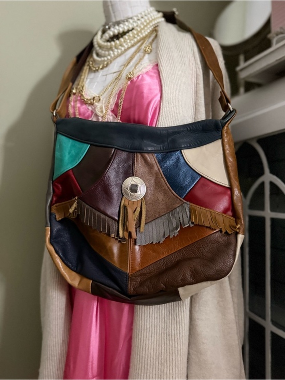 Vintage Boho Patchwork Genuine Leather Crossbody Bag | Fringe & Concho Detail